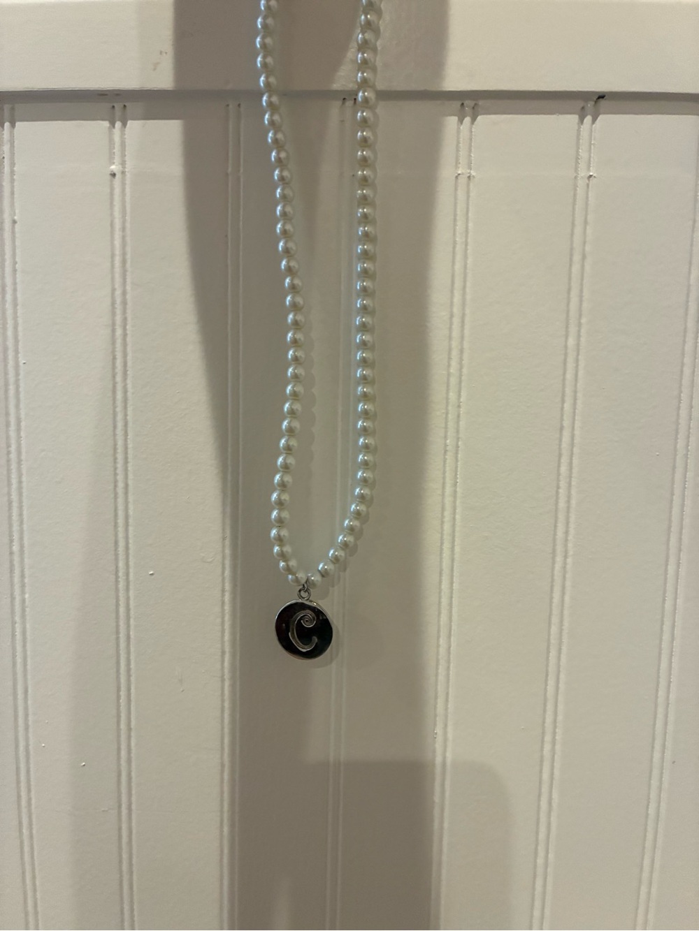 Pearl Bead Necklace with 'C' Initial Charm - White